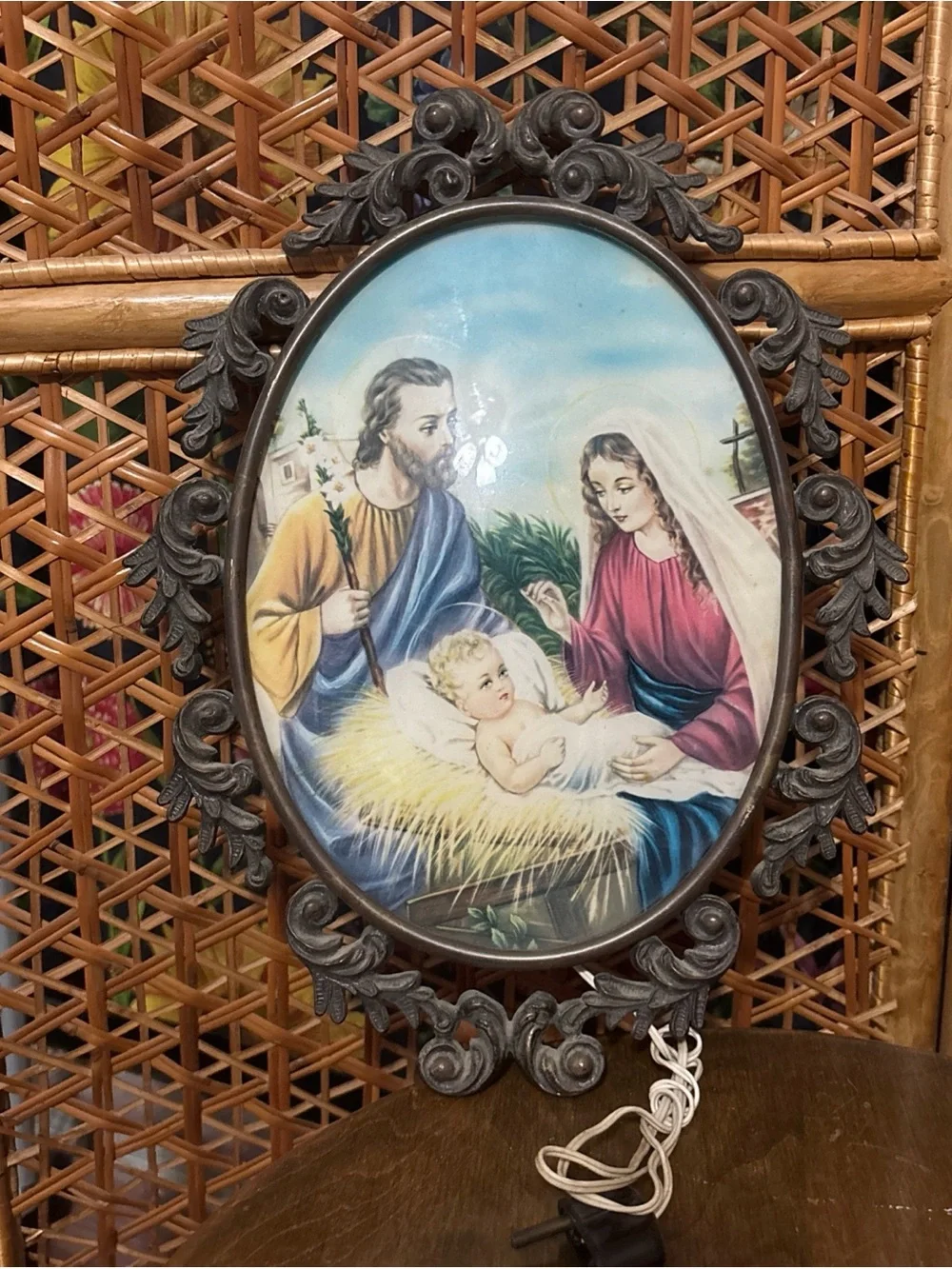 Vintage Religious Nativity Wall Plaque in Blue, Red, Cream